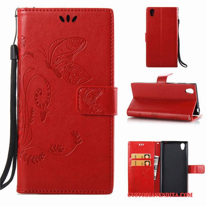 Custodia Sony Xperia L1 Pelle Morbidotelefono, Cover Sony Xperia L1 Folio Rosso Ornamenti Appesi