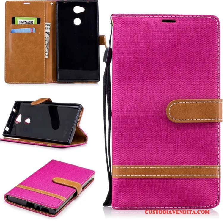 Custodia Sony Xperia L2 Folio Blu Anti-caduta, Cover Sony Xperia L2 Pelle Denim Puro