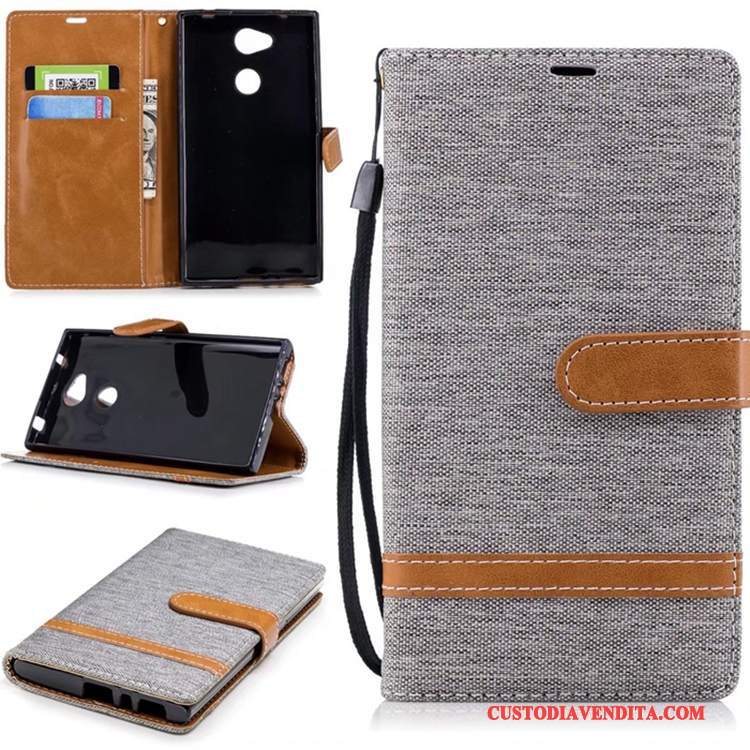 Custodia Sony Xperia L2 Folio Blu Anti-caduta, Cover Sony Xperia L2 Pelle Denim Puro