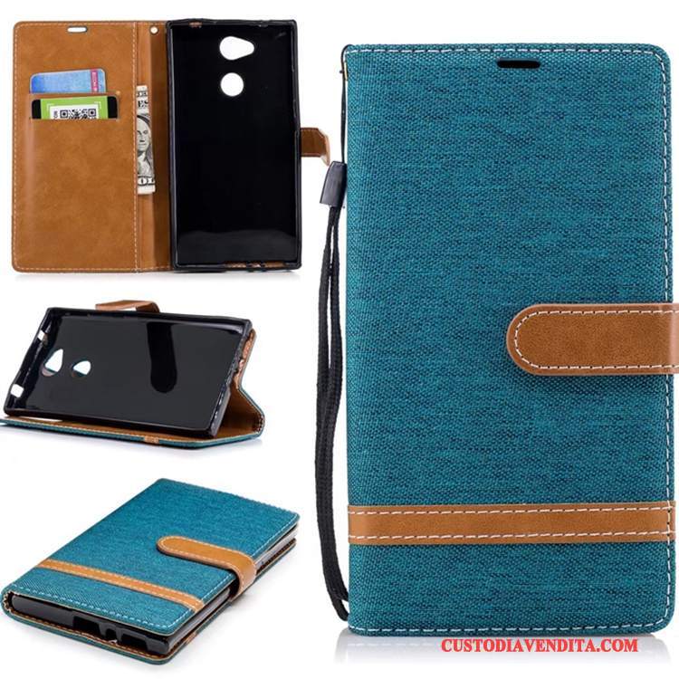 Custodia Sony Xperia L2 Folio Blu Anti-caduta, Cover Sony Xperia L2 Pelle Denim Puro