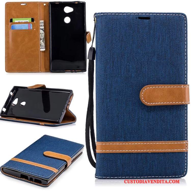 Custodia Sony Xperia L2 Folio Blu Anti-caduta, Cover Sony Xperia L2 Pelle Denim Puro