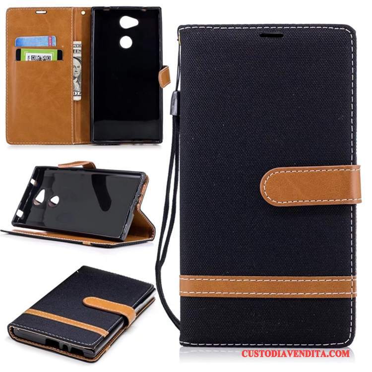 Custodia Sony Xperia L2 Folio Blu Anti-caduta, Cover Sony Xperia L2 Pelle Denim Puro