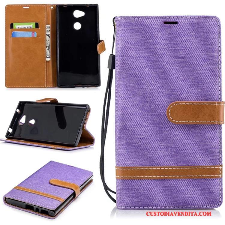 Custodia Sony Xperia L2 Folio Blu Anti-caduta, Cover Sony Xperia L2 Pelle Denim Puro