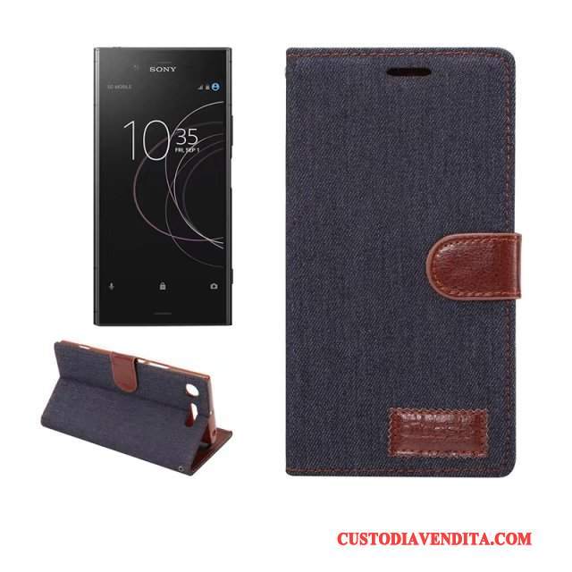 Custodia Sony Xperia Xz1 Pelle Telefono Verde, Cover Sony Xperia Xz1 Protezione Denim