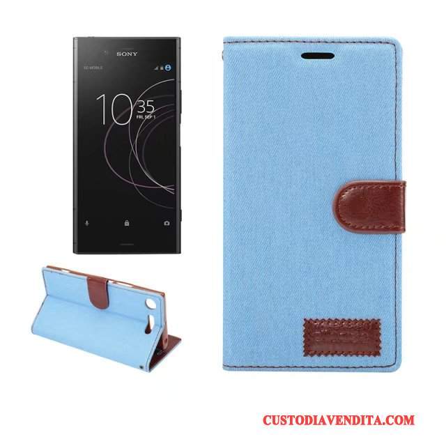 Custodia Sony Xperia Xz1 Pelle Telefono Verde, Cover Sony Xperia Xz1 Protezione Denim