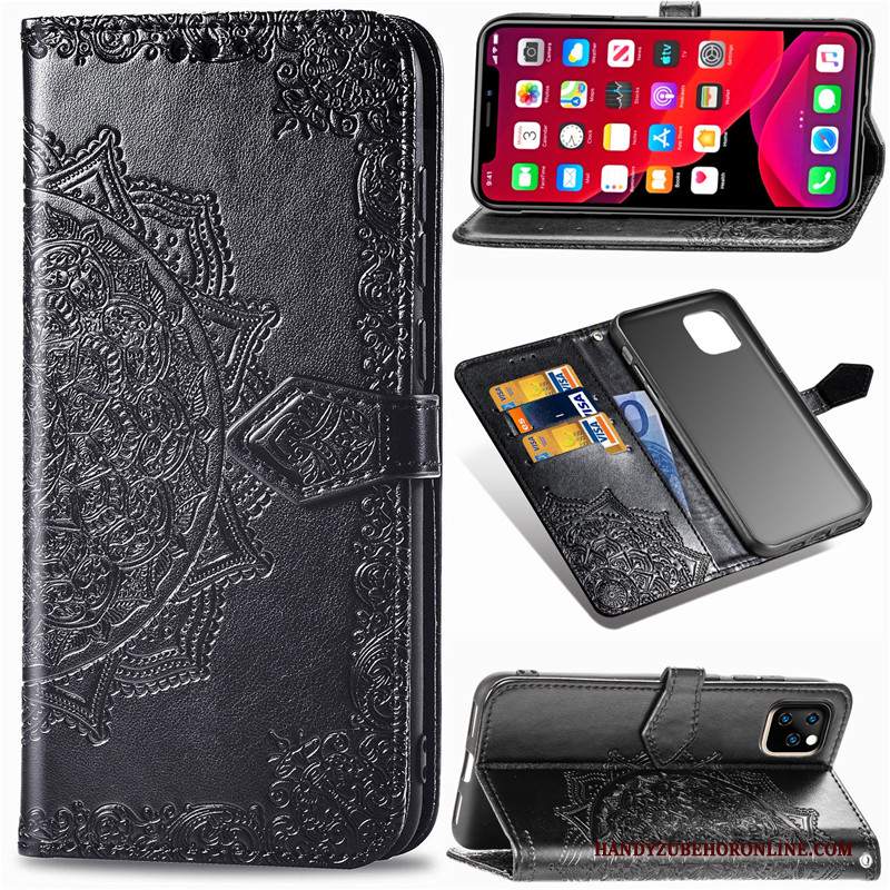 Custodia iPhone 11 Pro Max Folio Goffratura Nero, Cover iPhone 11 Pro Max Pelle Monocromatico Ornamenti Appesi