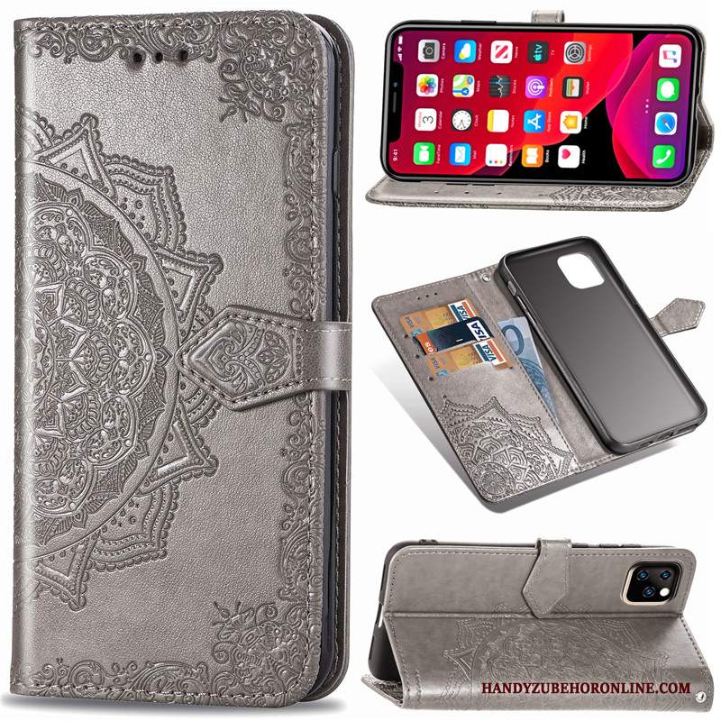 Custodia iPhone 11 Pro Max Folio Goffratura Nero, Cover iPhone 11 Pro Max Pelle Monocromatico Ornamenti Appesi