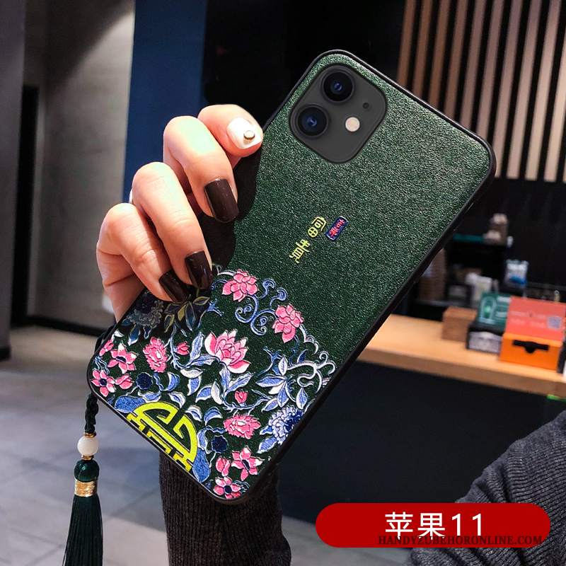 Custodia iPhone 11 Seta Nuovotelefono, Cover iPhone 11 Goffratura Verde Ornamenti Appesi