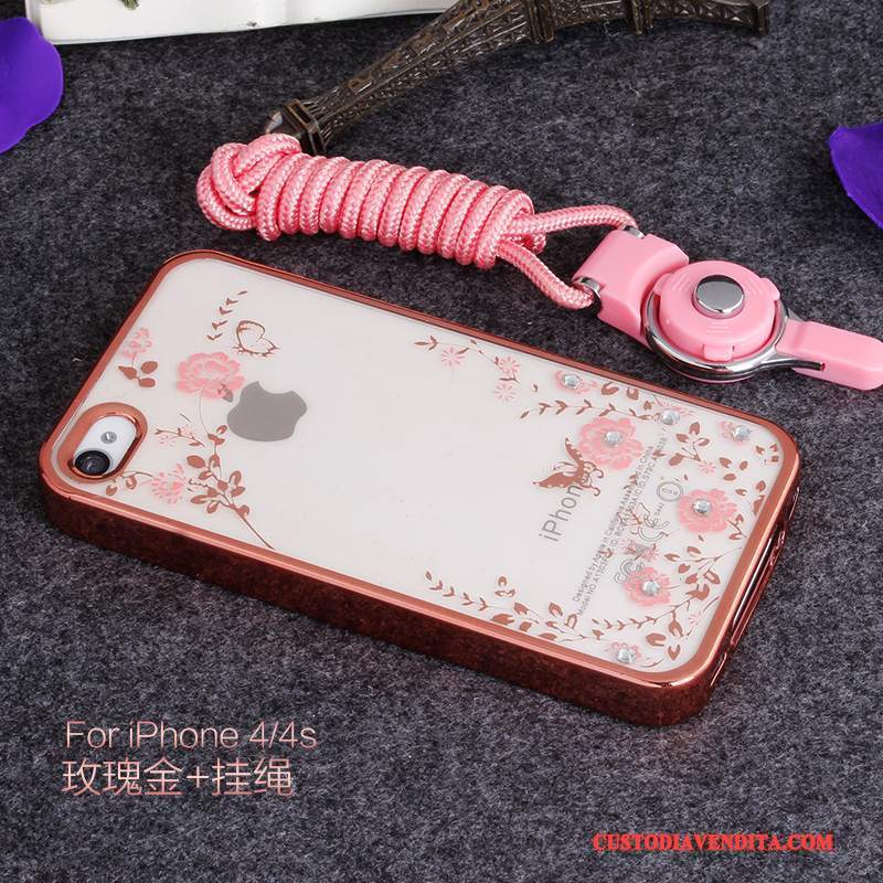 Custodia iPhone 4/4s Strass Telefono Supporto, Cover iPhone 4/4s Silicone Rosa Anti-caduta