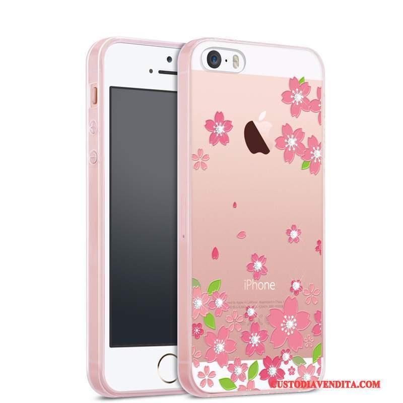 Custodia iPhone 5/5s Strass Rosatelefono, Cover iPhone 5/5s Silicone Tutto Incluso Trasparente