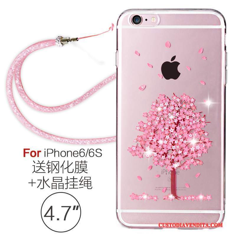 Custodia iPhone 6/6s Strass Elegante Morbido, Cover iPhone 6/6s Silicone Rosa Trasparente