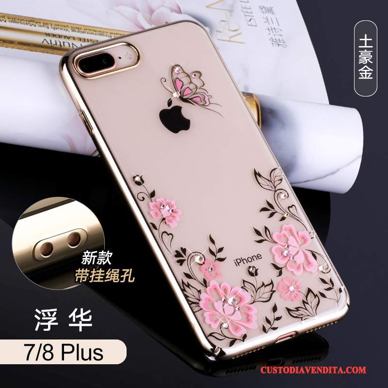 Custodia iPhone 7 Plus Strass Lusso Oro, Cover iPhone 7 Plus Nero Trasparente