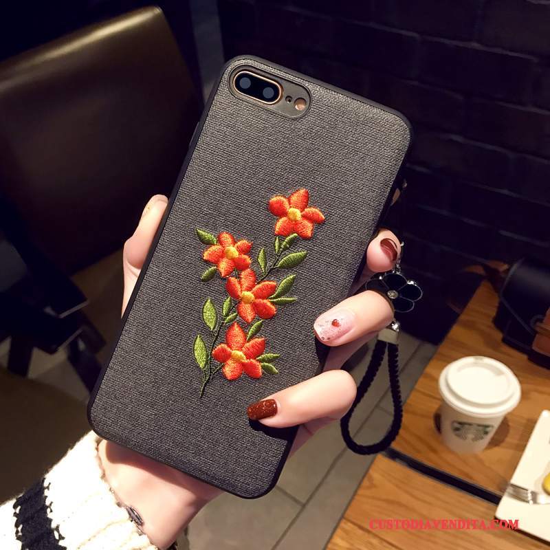 Custodia iPhone 7 Protezione Ricamo Fiori, Cover iPhone 7 Arte Nero