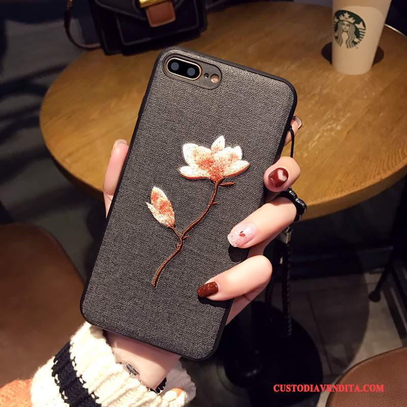 Custodia iPhone 7 Protezione Ricamo Fiori, Cover iPhone 7 Arte Nero