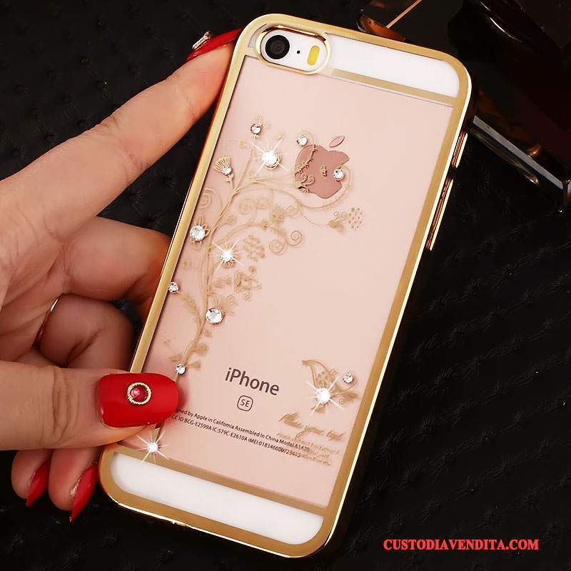 Custodia iPhone Se Strass Telefono Trasparente, Cover iPhone Se Protezione Oro Con Strass