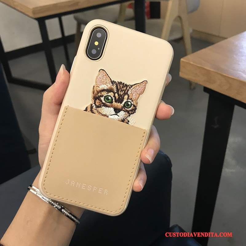 Custodia iPhone X Cartone Animato Telefono Ricamo, Cover iPhone X Pelle Gattino Qualità