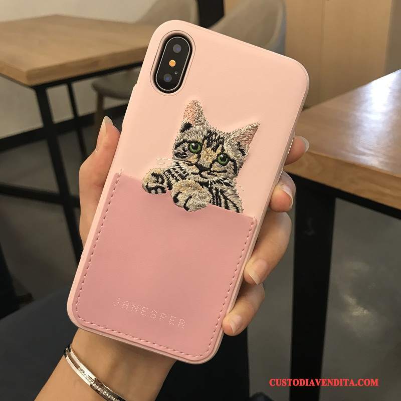 Custodia iPhone X Cartone Animato Telefono Ricamo, Cover iPhone X Pelle Gattino Qualità