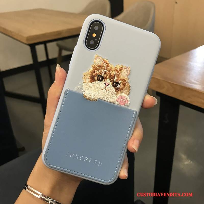 Custodia iPhone X Cartone Animato Telefono Ricamo, Cover iPhone X Pelle Gattino Qualità