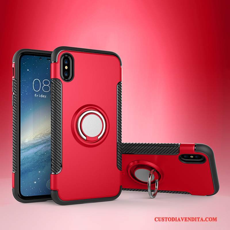 Custodia iPhone X Pelle Rosso Ring, Cover iPhone X Protezione Auto Supporto