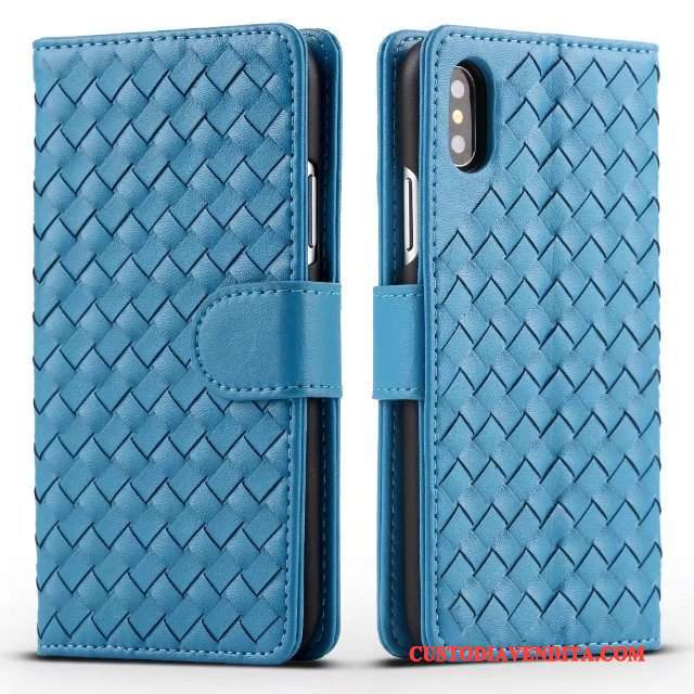 Custodia iPhone X Pelle Supporto Anti-caduta, Cover iPhone X Portafoglio Telefono Blu