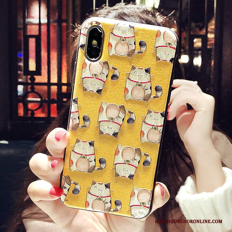 Custodia iPhone Xs Goffratura Gattinotelefono, Cover iPhone Xs Giallo Ricchezza