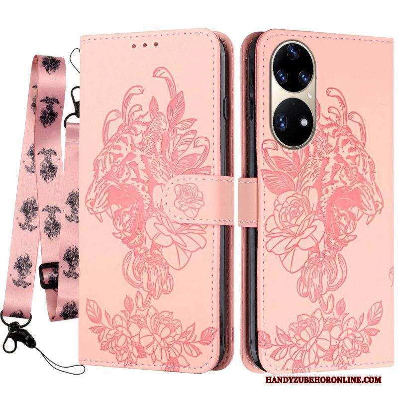 Custodia in pelle Huawei P50 Pro Barocco Strappy Tiger