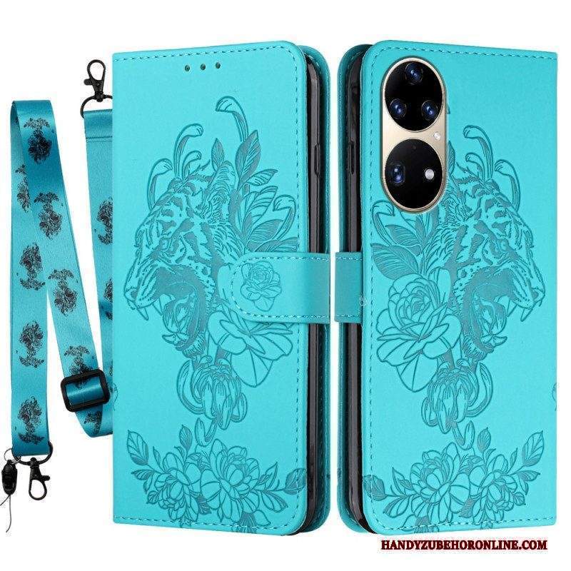 Custodia in pelle Huawei P50 Pro Barocco Strappy Tiger