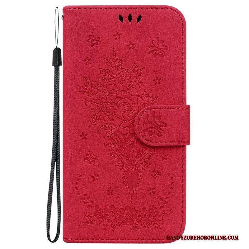 Custodia in pelle Moto G73 5G Strappy Rose E Farfalle