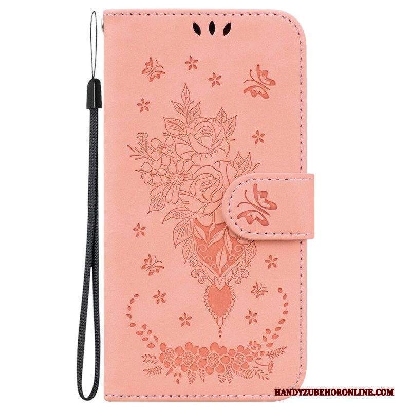 Custodia in pelle Moto G73 5G Strappy Rose E Farfalle