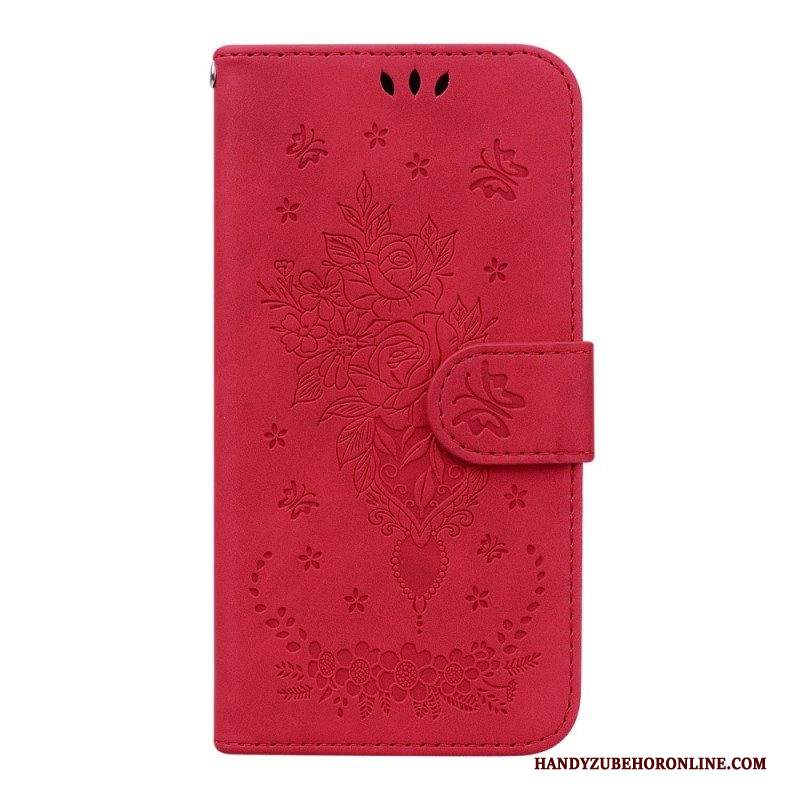 Custodia in pelle Samsung Galaxy A14 / A14 5G Strappy Rose E Farfalle