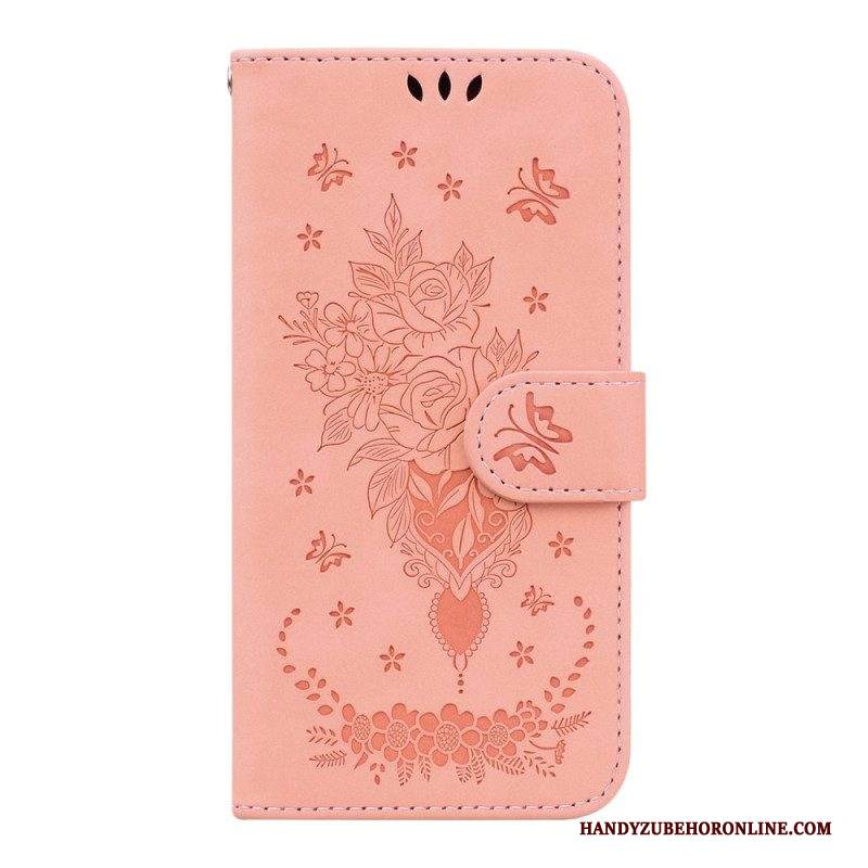 Custodia in pelle Samsung Galaxy A14 / A14 5G Strappy Rose E Farfalle