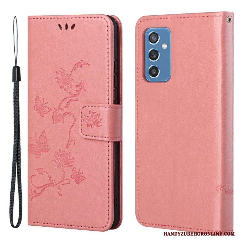 Custodia in pelle Samsung Galaxy M52 5G Cinturino Farfalle E Fiori