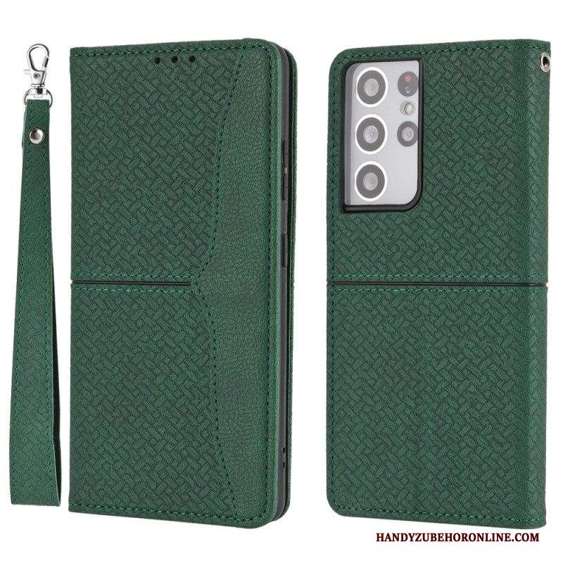 Custodia in pelle Samsung Galaxy S21 Ultra 5G Stile In Pelle Intrecciata Con Cinturino