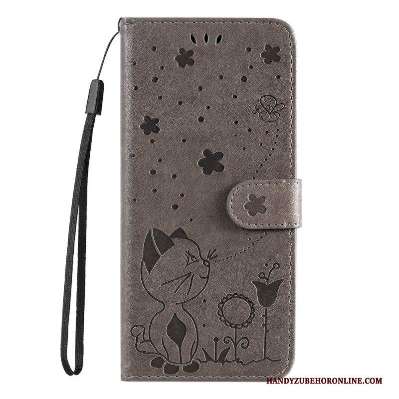 Custodia in pelle Samsung Galaxy S22 Ultra 5G Gatto E Ape Con Cordino