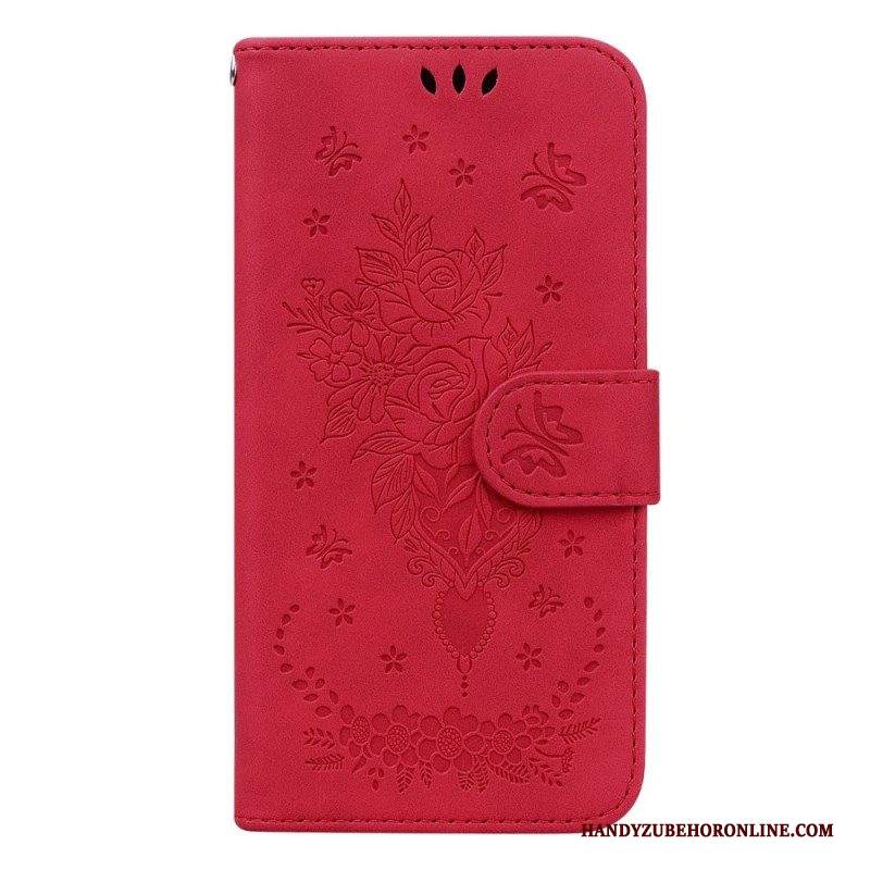 Custodia in pelle Samsung Galaxy S23 5G Strappy Rose E Farfalle