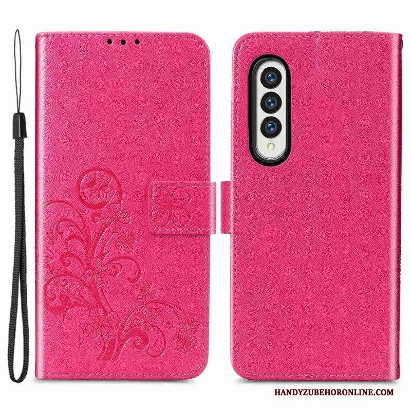 Custodia in pelle Samsung Galaxy Z Fold 4 Modello Di Trifogli Con Cinturino