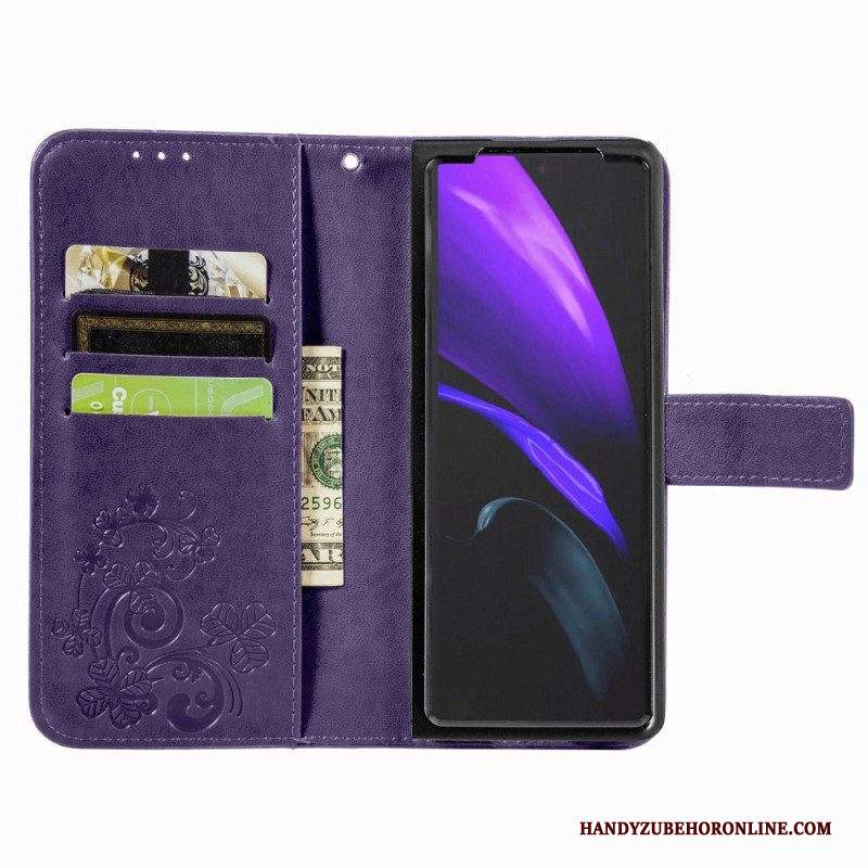 Custodia in pelle Samsung Galaxy Z Fold 4 Modello Di Trifogli Con Cinturino