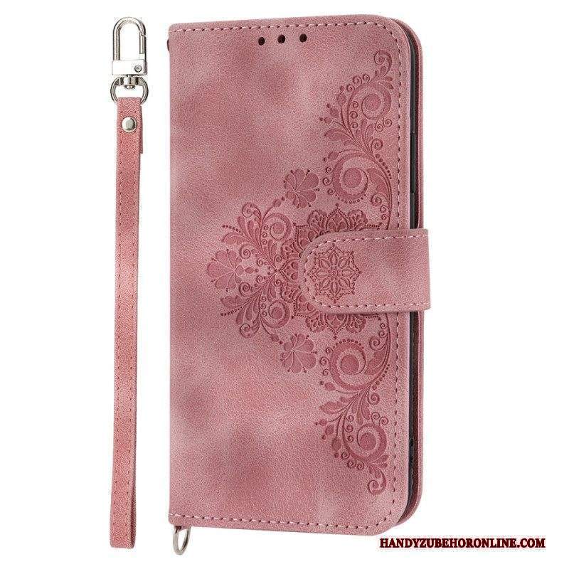 Custodia in pelle Xiaomi 13 Fiori In Pizzo Con Cinturino E Tracolla