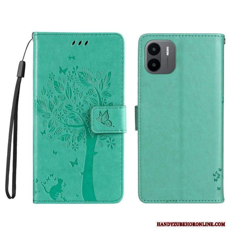 Custodia in pelle Xiaomi Redmi A1 Albero E Gatto Strappy