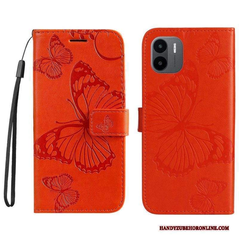 Custodia in pelle Xiaomi Redmi A1 Farfalle Con Cinturino Gigante