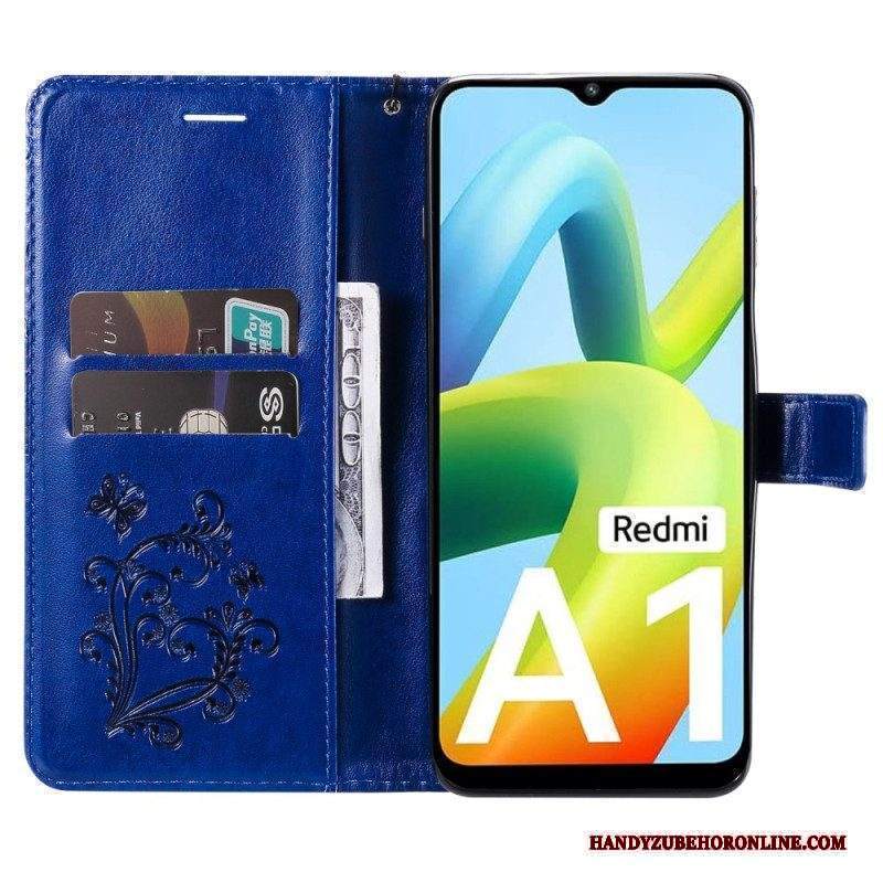 Custodia in pelle Xiaomi Redmi A1 Farfalle Con Cinturino Gigante