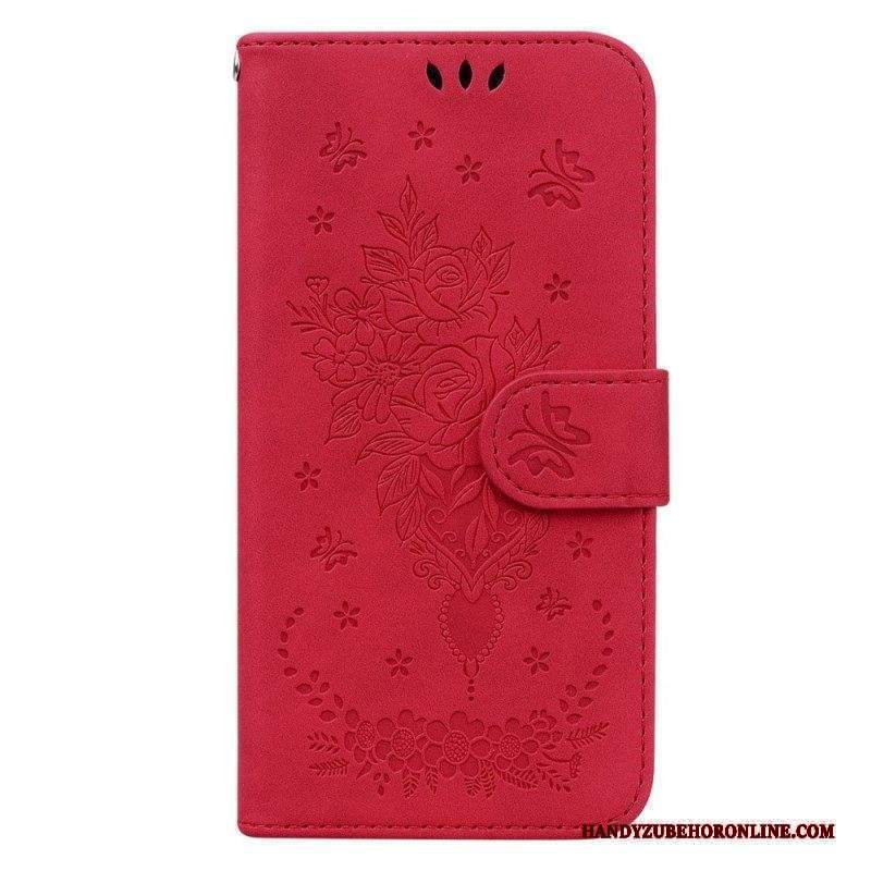 Custodia in pelle Xiaomi Redmi Note 12 5G Strappy Rose E Farfalle