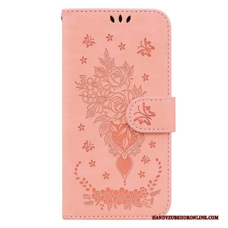 Custodia in pelle Xiaomi Redmi Note 12 5G Strappy Rose E Farfalle