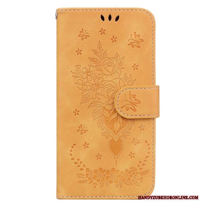 Custodia in pelle Xiaomi Redmi Note 12 5G Strappy Rose E Farfalle