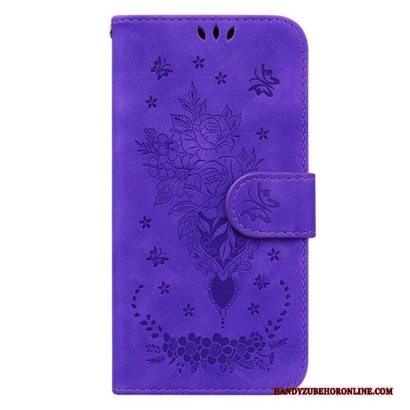 Custodia in pelle Xiaomi Redmi Note 12 5G Strappy Rose E Farfalle