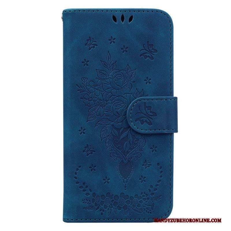 Custodia in pelle Xiaomi Redmi Note 12 5G Strappy Rose E Farfalle