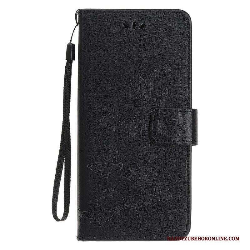 Custodia in pelle iPhone 13 Mini Cinturino Farfalle E Fiori