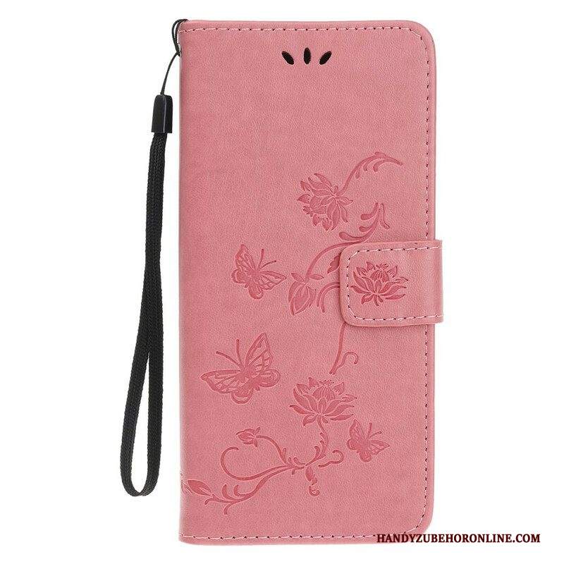 Custodia in pelle iPhone 13 Mini Cinturino Farfalle E Fiori