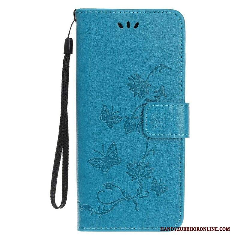 Custodia in pelle iPhone 13 Mini Cinturino Farfalle E Fiori