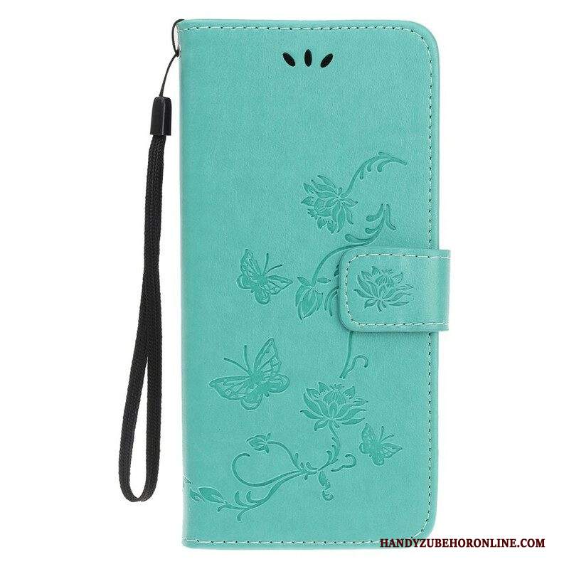 Custodia in pelle iPhone 13 Mini Cinturino Farfalle E Fiori